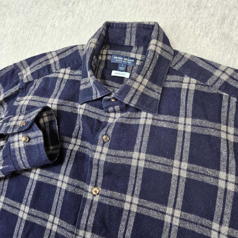 Peter Millar Shirt Mens L Blue Plaid Japanese Flannel Long Sleeve Crown Crafted